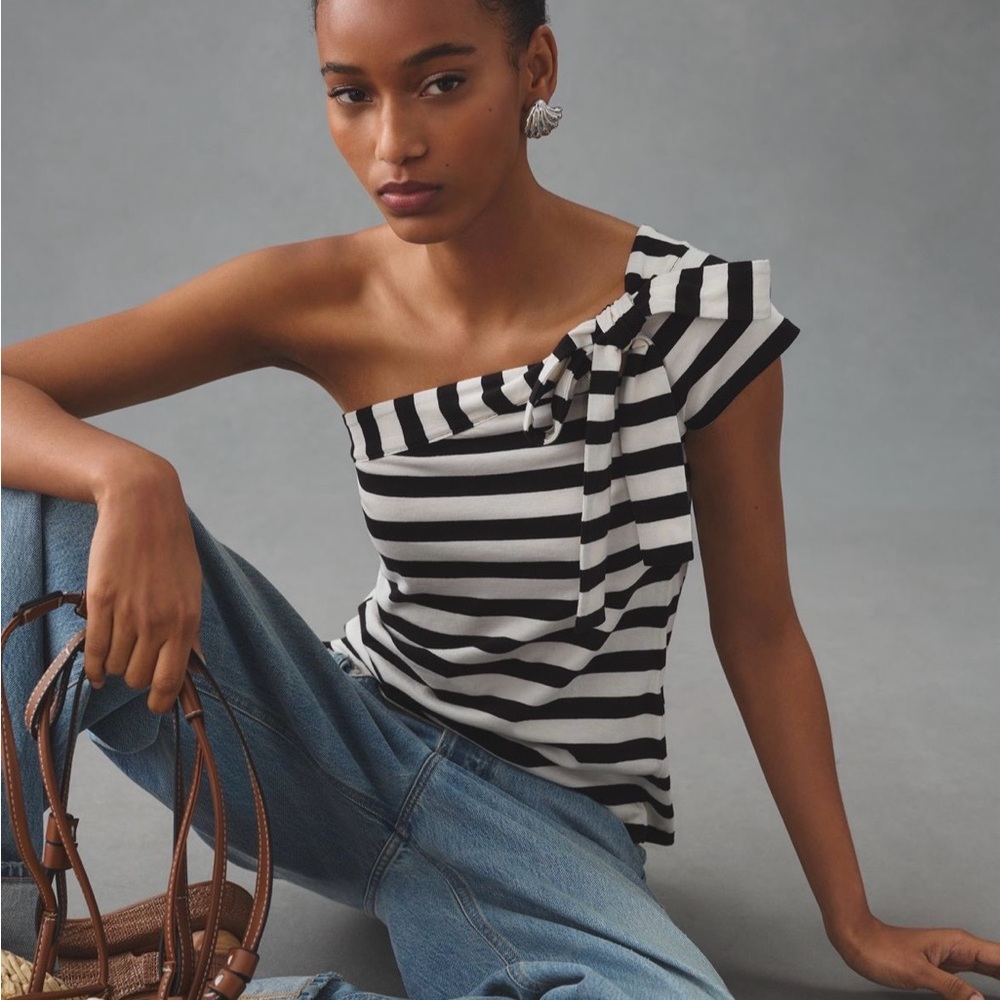 Anthropologie Black and White One-Shoulder Striped Camisole